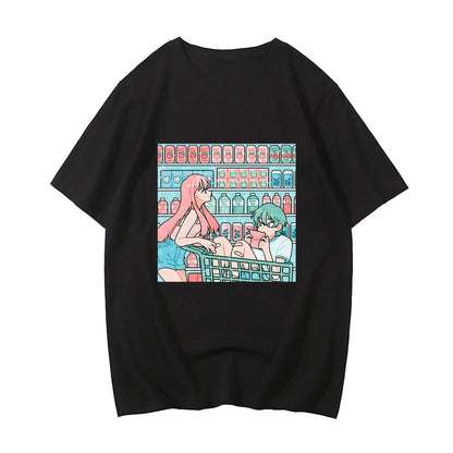 kawaiies-softtoys-plushies-kawaii-plush-Anime Graphic Couple Shopping Unisex Tee Tops Black XS 
