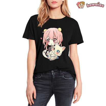 kawaiies-softtoys-plushies-kawaii-plush-Anime Kawaii Girl Cuddling Cat Unisex Tee Apparel 