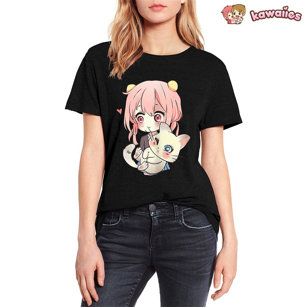 kawaiies-softtoys-plushies-kawaii-plush-Anime Kawaii Girl Cuddling Cat Unisex Tee Apparel 