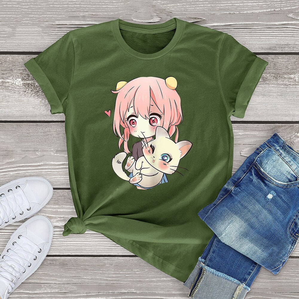 kawaiies-softtoys-plushies-kawaii-plush-Anime Kawaii Girl Cuddling Cat Unisex Tee Apparel Army Green XS 