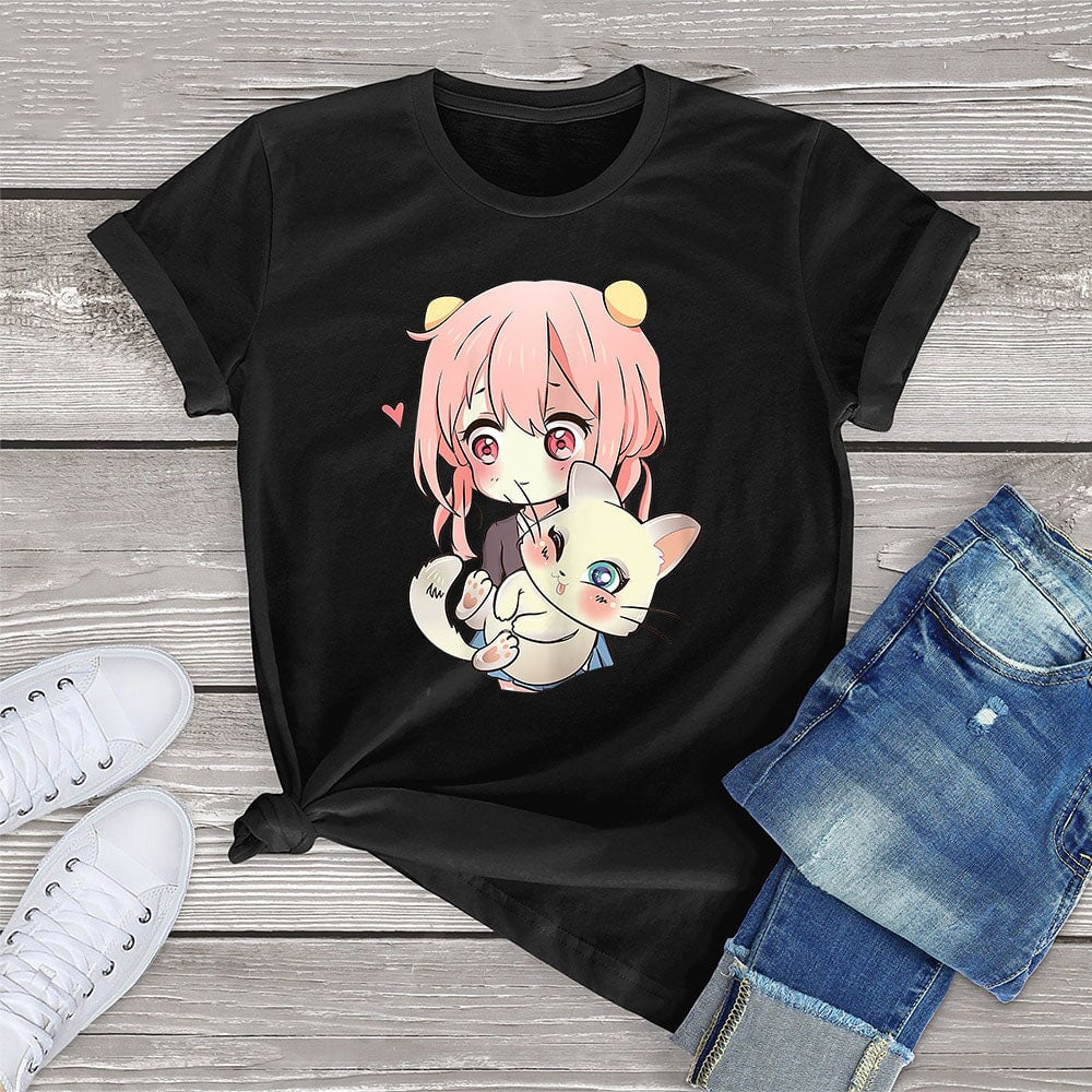 kawaiies-softtoys-plushies-kawaii-plush-Anime Kawaii Girl Cuddling Cat Unisex Tee Apparel Black XS 