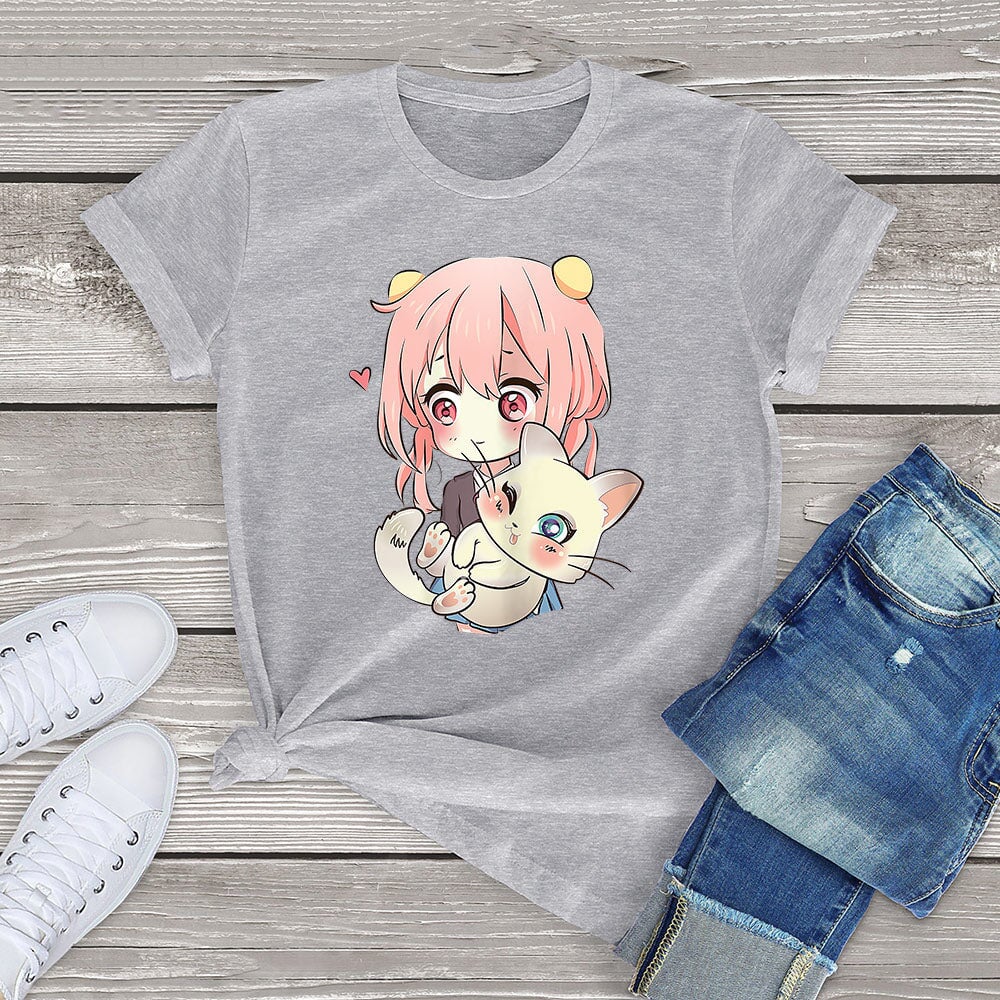 kawaiies-softtoys-plushies-kawaii-plush-Anime Kawaii Girl Cuddling Cat Unisex Tee Apparel Gray XS 