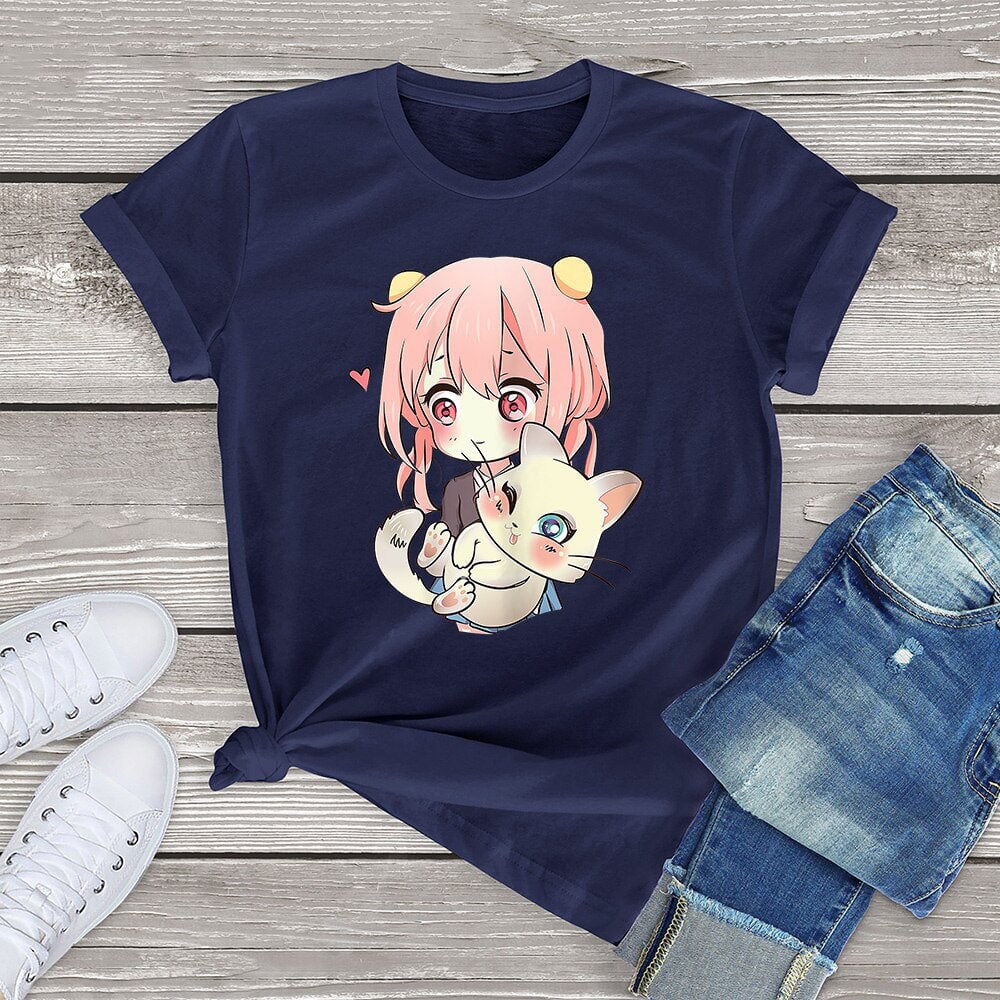 kawaiies-softtoys-plushies-kawaii-plush-Anime Kawaii Girl Cuddling Cat Unisex Tee Apparel Navy Blue XS 