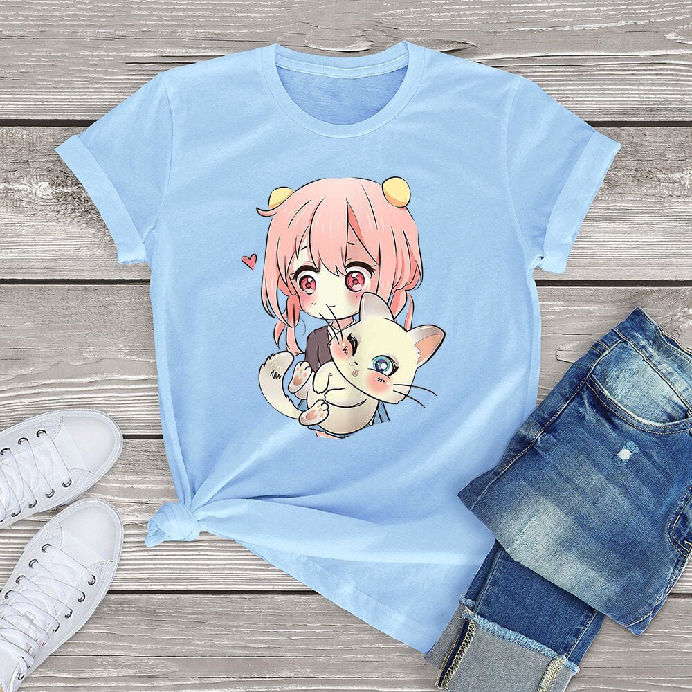 kawaiies-softtoys-plushies-kawaii-plush-Anime Kawaii Girl Cuddling Cat Unisex Tee Apparel Sky Blue XS 