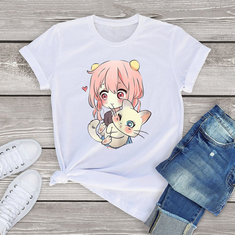 kawaiies-softtoys-plushies-kawaii-plush-Anime Kawaii Girl Cuddling Cat Unisex Tee Apparel White XS 