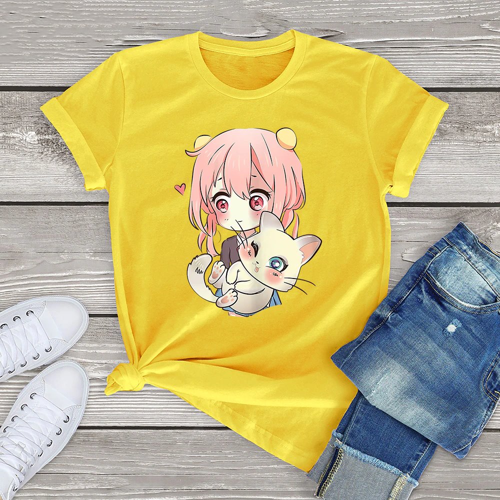 kawaiies-softtoys-plushies-kawaii-plush-Anime Kawaii Girl Cuddling Cat Unisex Tee Apparel Yellow XS 