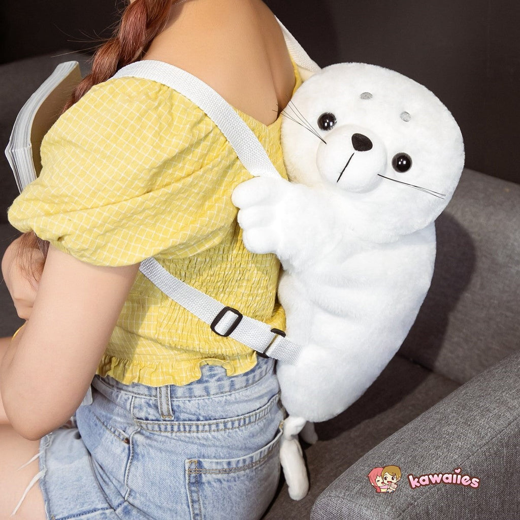 kawaiies-softtoys-plushies-kawaii-plush-Baby White Seal Plush Backpack | NEW Bags 