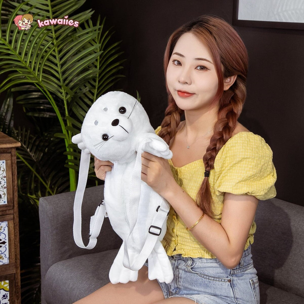 kawaiies-softtoys-plushies-kawaii-plush-Baby White Seal Plush Backpack | NEW Bags 