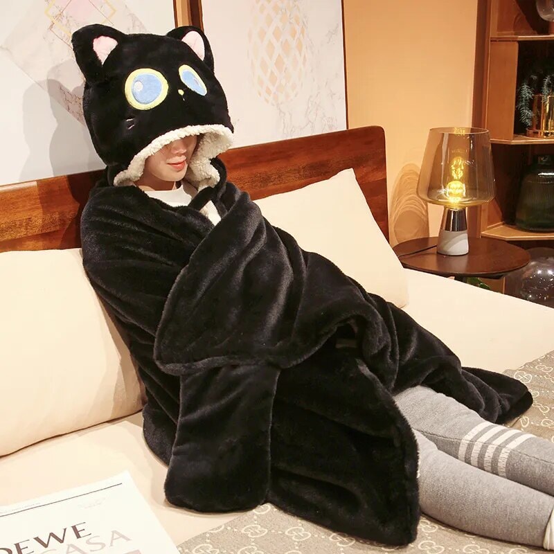 kawaiies-softtoys-plushies-kawaii-plush-Black Cat Green Dino Plush Cape Hoodie Blanket Apparel 