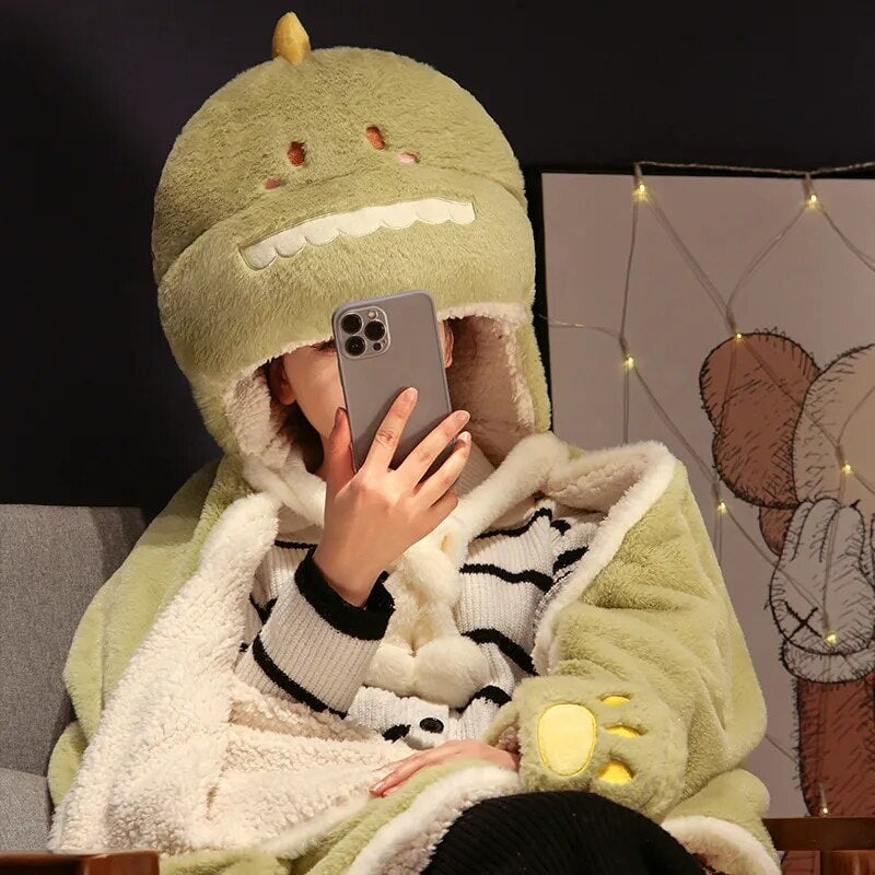 kawaiies-softtoys-plushies-kawaii-plush-Black Cat Green Dino Plush Cape Hoodie Blanket Apparel 