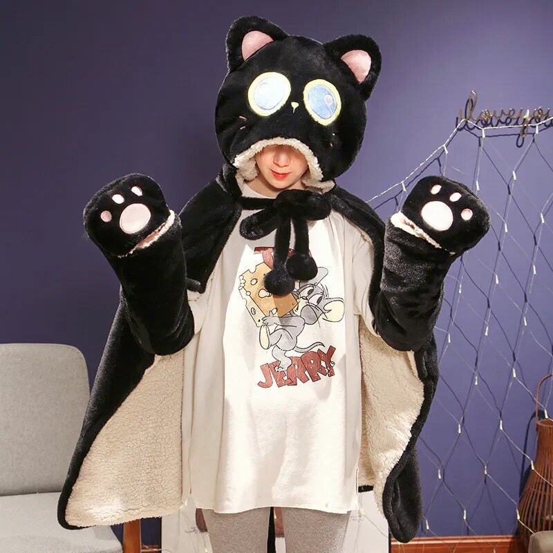 kawaiies-softtoys-plushies-kawaii-plush-Black Cat Green Dino Plush Cape Hoodie Blanket Apparel 