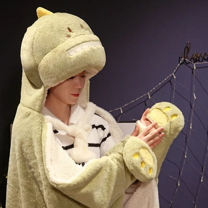 kawaiies-softtoys-plushies-kawaii-plush-Black Cat Green Dino Plush Cape Hoodie Blanket Apparel 