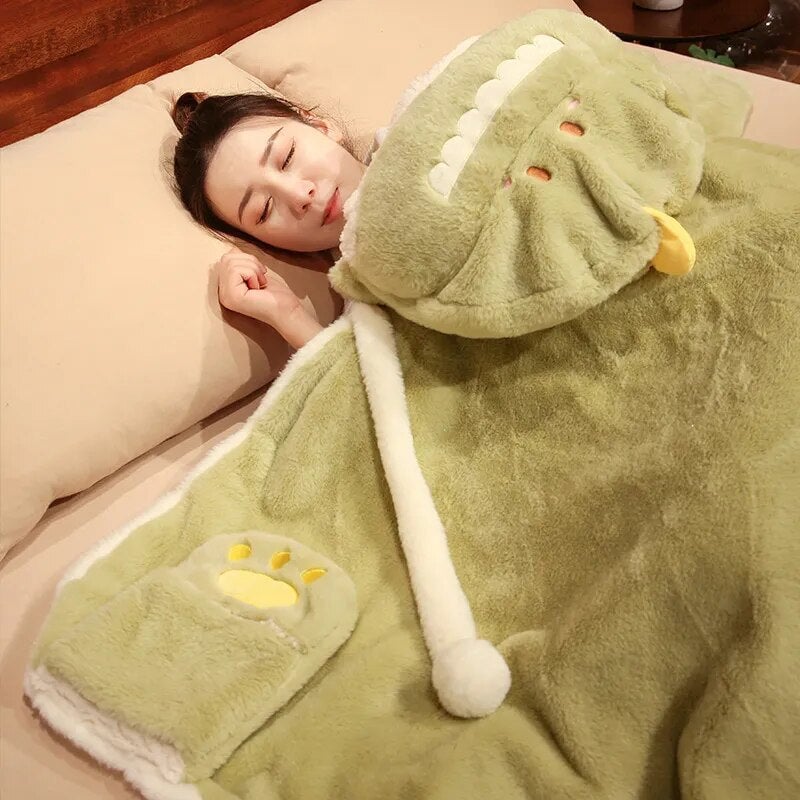 kawaiies-softtoys-plushies-kawaii-plush-Black Cat Green Dino Plush Cape Hoodie Blanket Apparel 