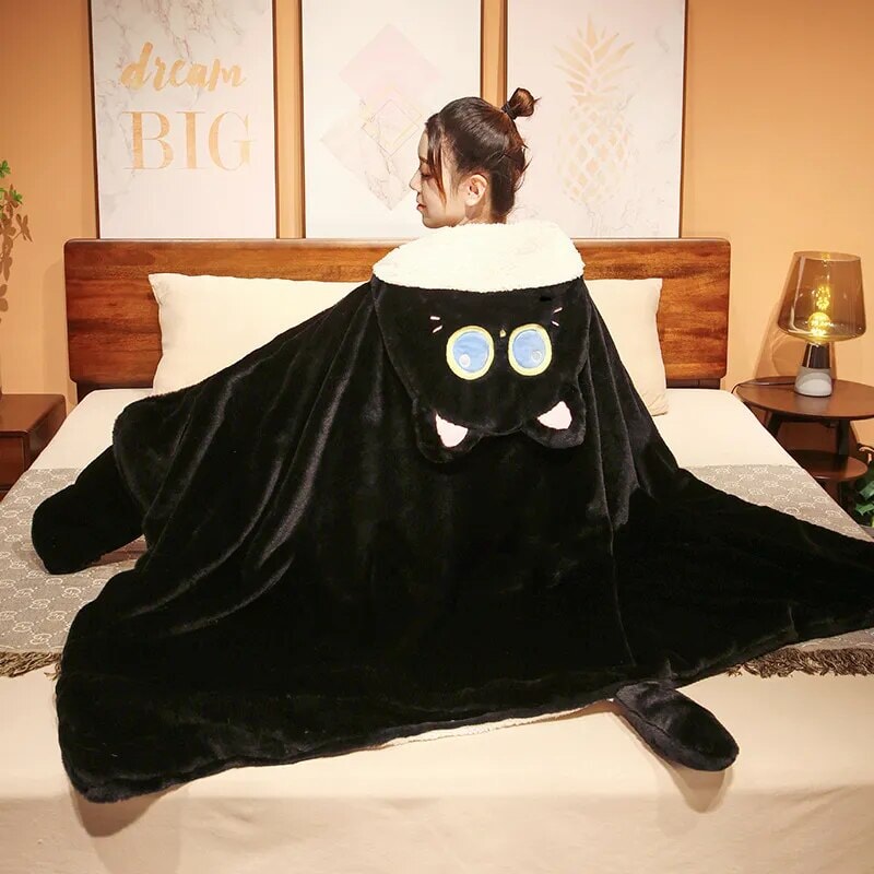 kawaiies-softtoys-plushies-kawaii-plush-Black Cat Green Dino Plush Cape Hoodie Blanket Apparel 