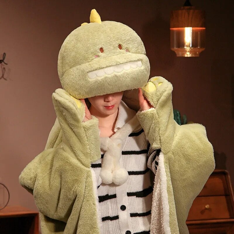 kawaiies-softtoys-plushies-kawaii-plush-Black Cat Green Dino Plush Cape Hoodie Blanket Apparel 