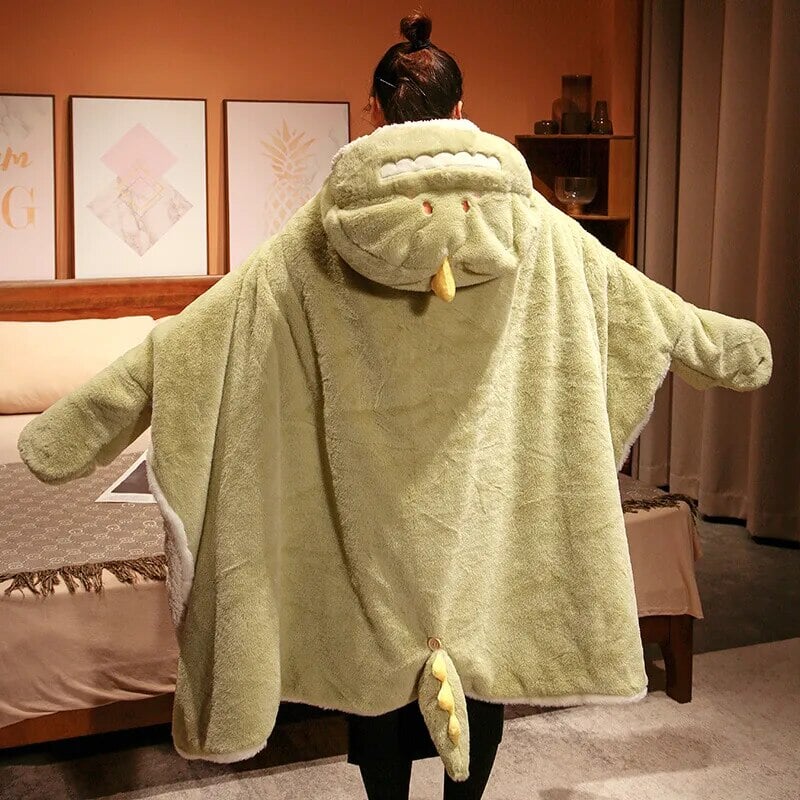 kawaiies-softtoys-plushies-kawaii-plush-Black Cat Green Dino Plush Cape Hoodie Blanket Apparel 