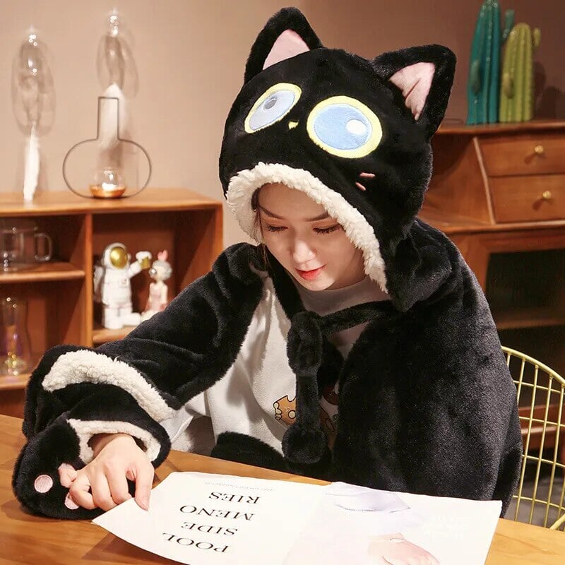 kawaiies-softtoys-plushies-kawaii-plush-Black Cat Green Dino Plush Cape Hoodie Blanket Apparel 