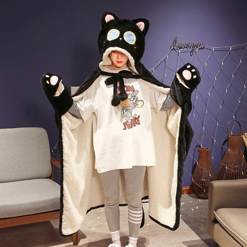Black Cat Green Dino Plush Cape Hoodie Blanket Kawaiies