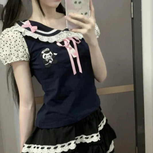 kawaiies-softtoys-plushies-kawaii-plush-Black Japanese-themed Harajuku Panda Lace Women's Tee Apparel 