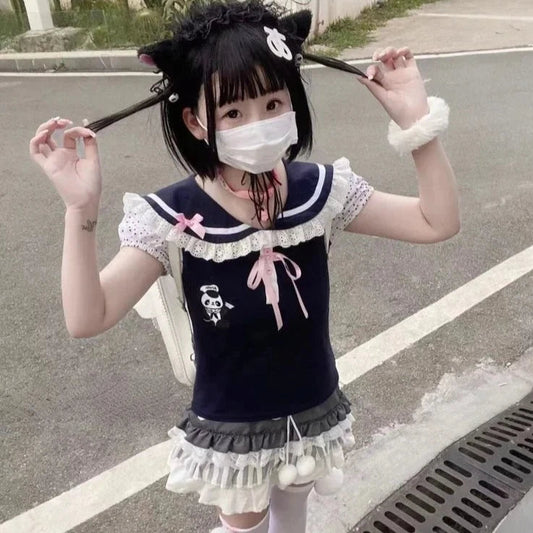 kawaiies-softtoys-plushies-kawaii-plush-Black Japanese-themed Harajuku Panda Lace Women's Tee Apparel 