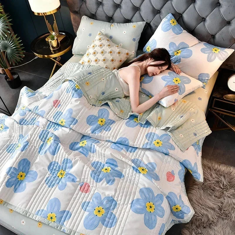 kawaiies-softtoys-plushies-kawaii-plush-Blue Floral Strawberries Polyester Quilt Blanket Comforter Set Home Decor 