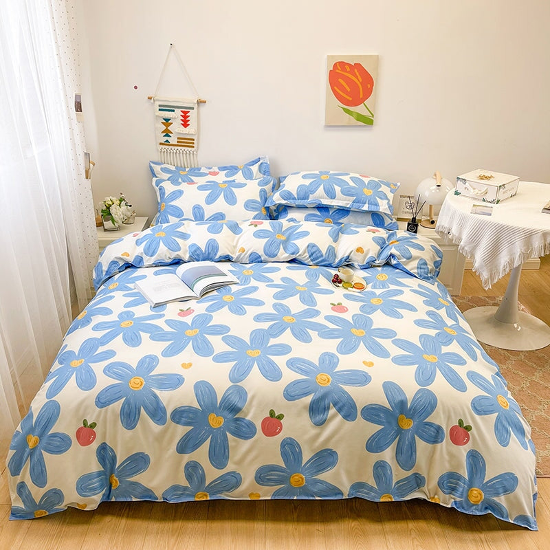 kawaiies-softtoys-plushies-kawaii-plush-Blue Flowers Peach Polyester Bedding Set Bedding Sets Single 