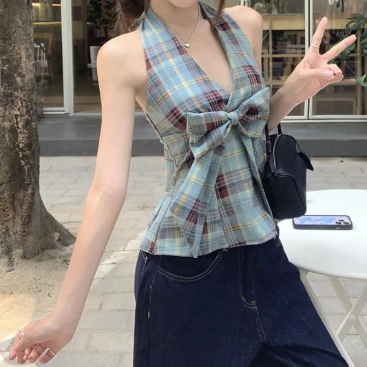 kawaiies-softtoys-plushies-kawaii-plush-Blue Plaid-Patterned Bowknot Babydoll Women's Cami Top Apparel M 