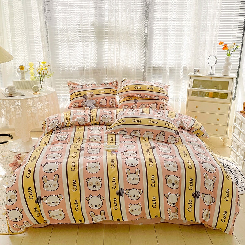 Pink Teddy Bear Pattern Aesthetic Kawaii Cute Cotton Bedding Duvet
