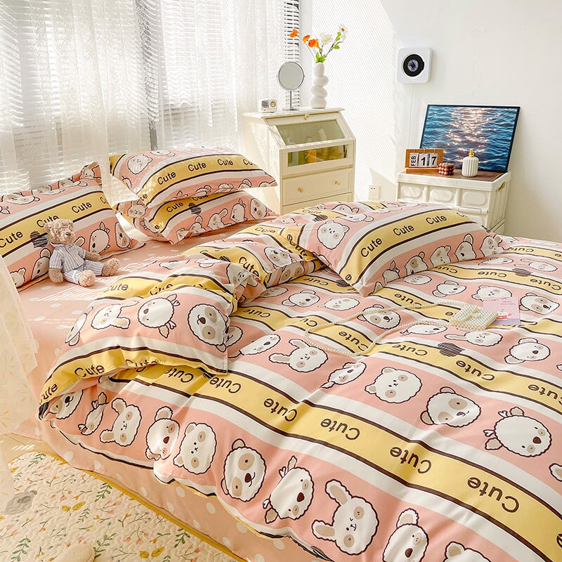 kawaiies-softtoys-plushies-kawaii-plush-Bunny Bear Pink Yellow Blue 120gsm Polyester Bedding Set | NEW Bedding Sets 