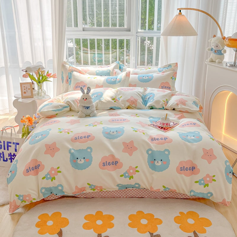 kawaiies-softtoys-plushies-kawaii-plush-Bunny Bear Pink Yellow Blue 120gsm Polyester Bedding Set | NEW Bedding Sets Single Blue 