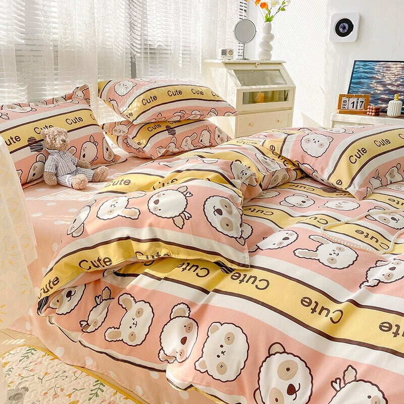 kawaiies-softtoys-plushies-kawaii-plush-Bunny Bear Pink Yellow Blue 120gsm Polyester Bedding Set | NEW Bedding Sets Single Yellow 