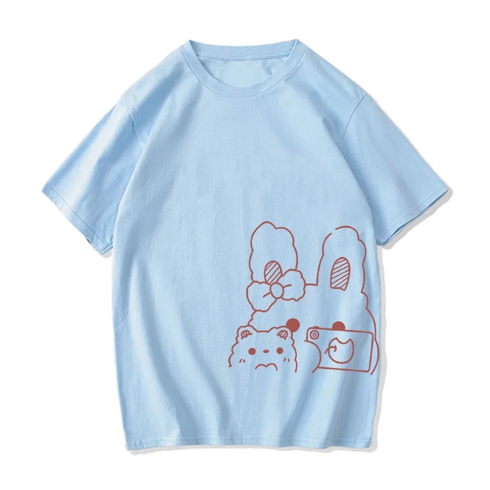 kawaiies-softtoys-plushies-kawaii-plush-Bunny Bestie Selfie Cotton Women's Tee Tops Blue XS 