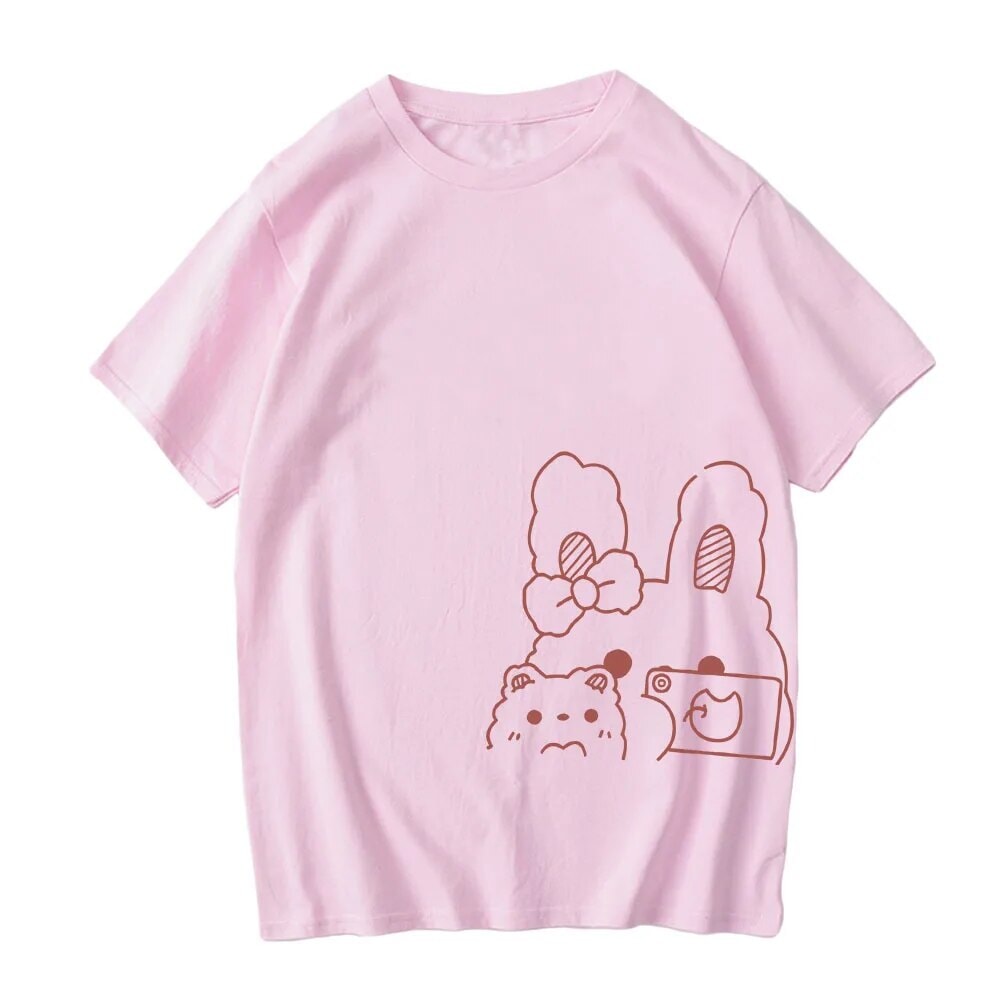 kawaiies-softtoys-plushies-kawaii-plush-Bunny Bestie Selfie Cotton Women's Tee Tops Pink XS 