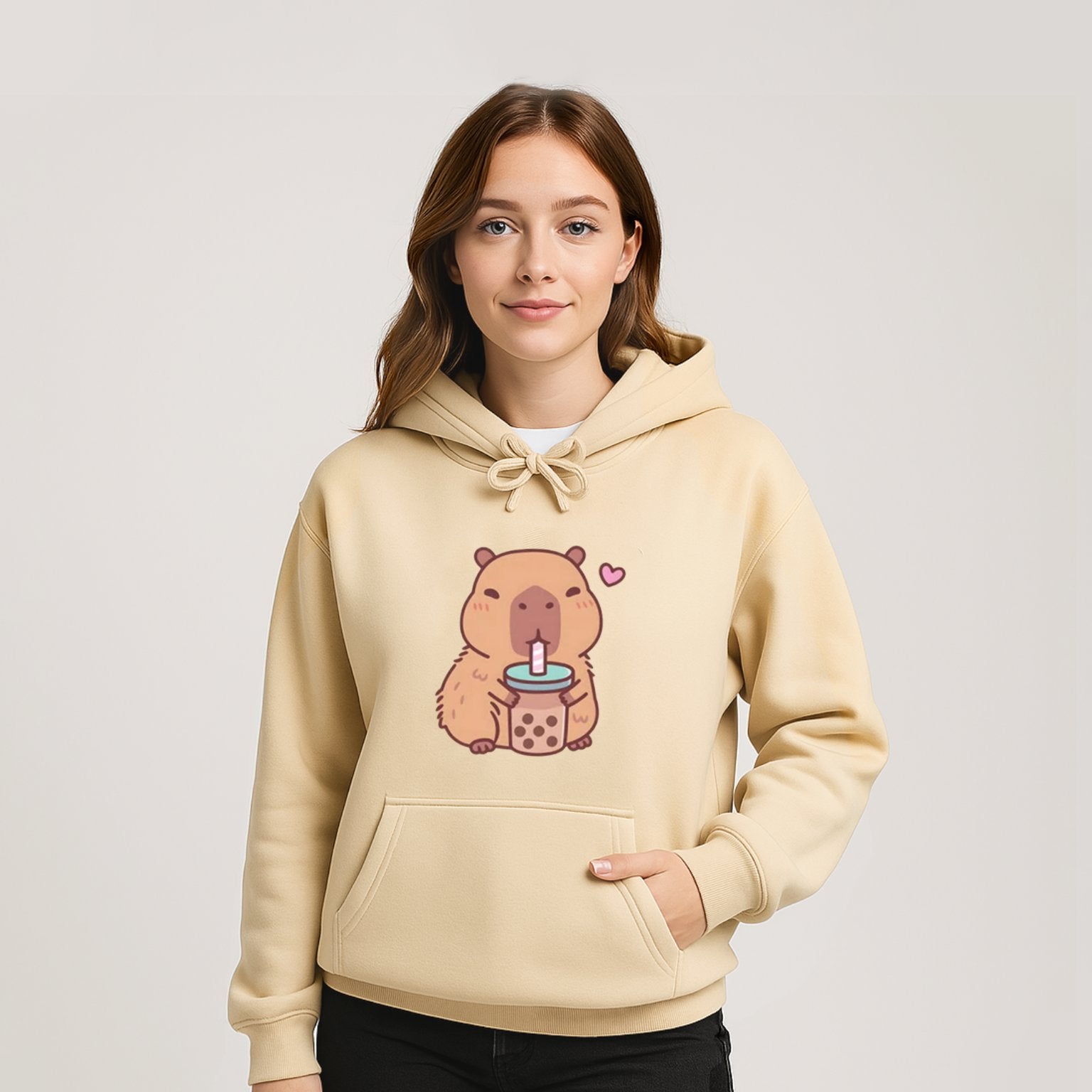 kawaiies-softtoys-plushies-kawaii-plush-Capybara Drinking Bubble Tea Unisex Hoodie Apparel Cream XS 