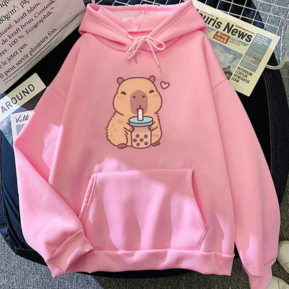 kawaiies-softtoys-plushies-kawaii-plush-Capybara Drinking Bubble Tea Unisex Hoodie Apparel Pink XS 