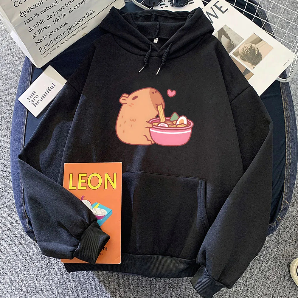 kawaiies-softtoys-plushies-kawaii-plush-Capybara Eating Ramen Unisex Hoodie Apparel Black S 