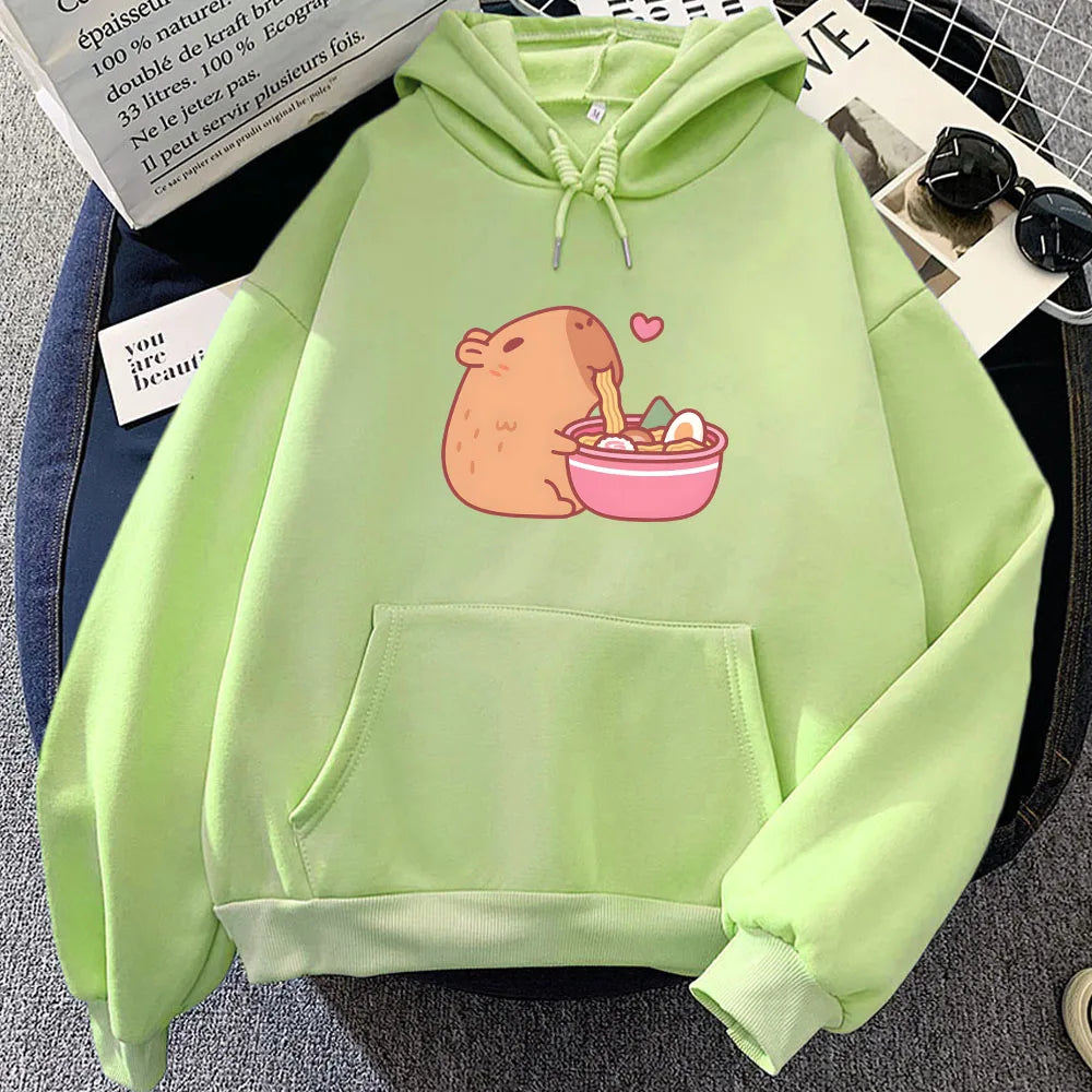kawaiies-softtoys-plushies-kawaii-plush-Capybara Eating Ramen Unisex Hoodie Apparel Light Green XL 