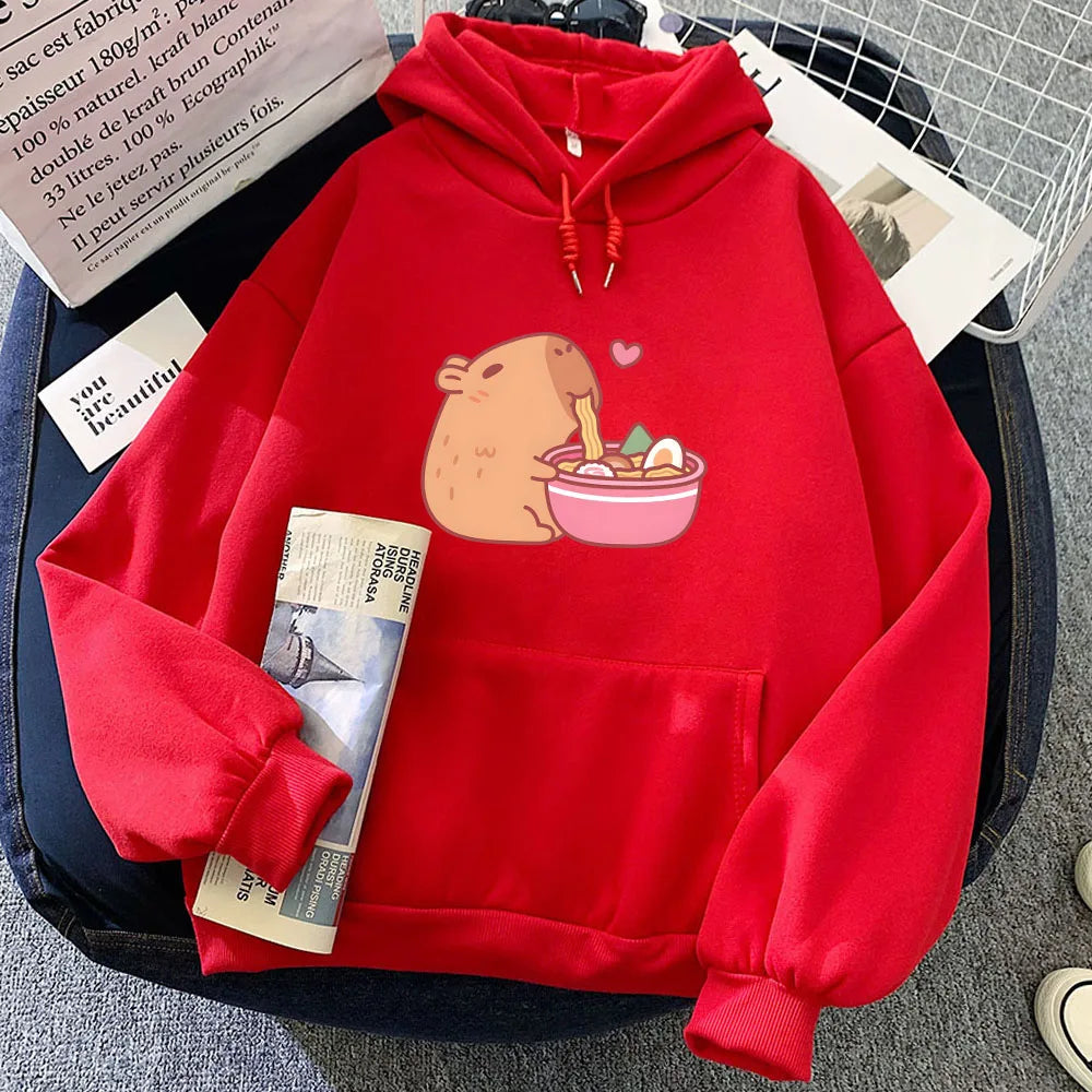 kawaiies-softtoys-plushies-kawaii-plush-Capybara Eating Ramen Unisex Hoodie Apparel Red XL 
