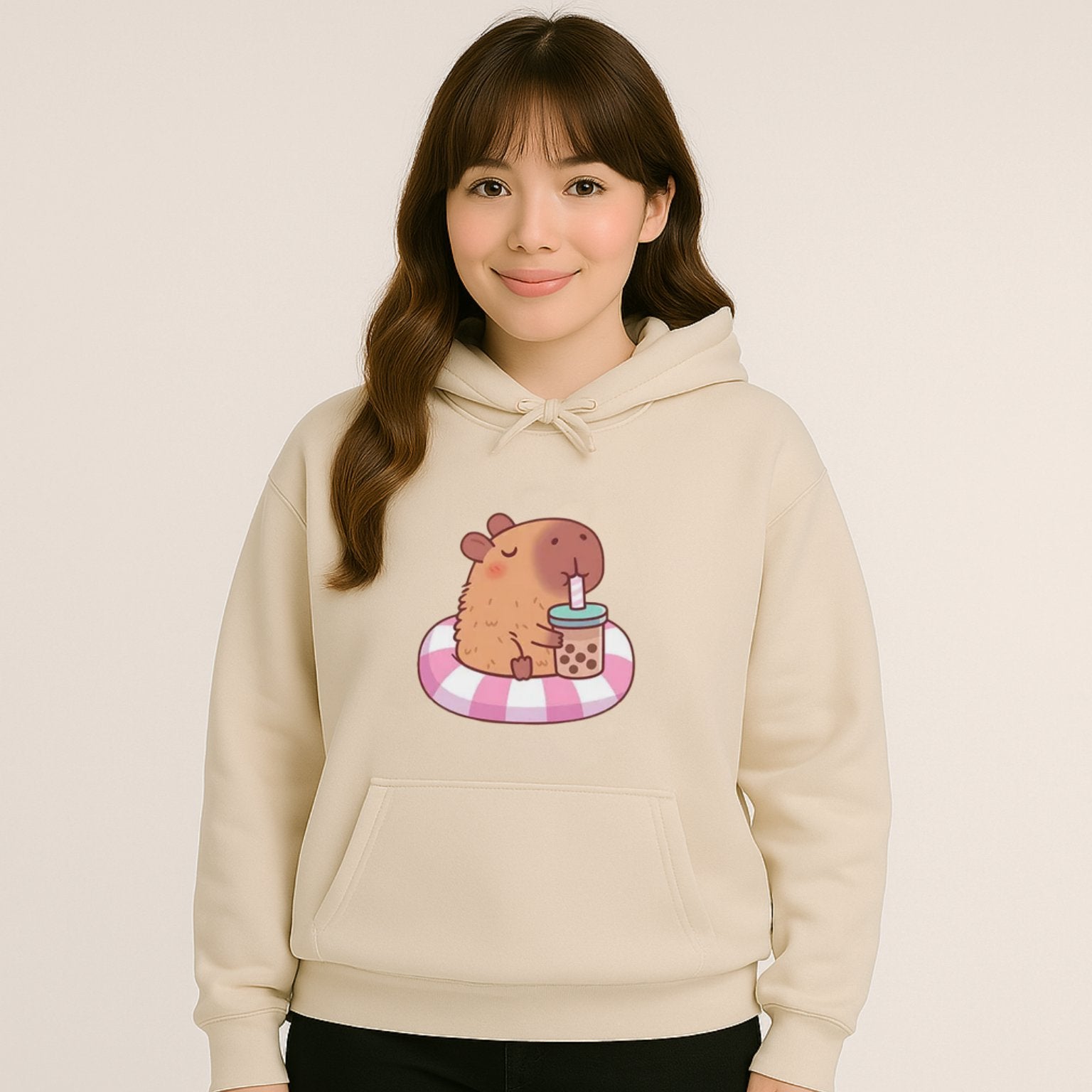 kawaiies-softtoys-plushies-kawaii-plush-Capybara Floating & Sipping Bubble Tea Unisex Hoodie Apparel Cream XS 