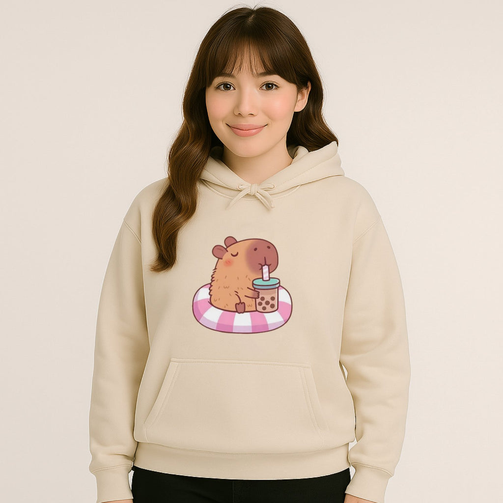 kawaiies-softtoys-plushies-kawaii-plush-Capybara Floating & Sipping Bubble Tea Unisex Hoodie Apparel Cream XS 