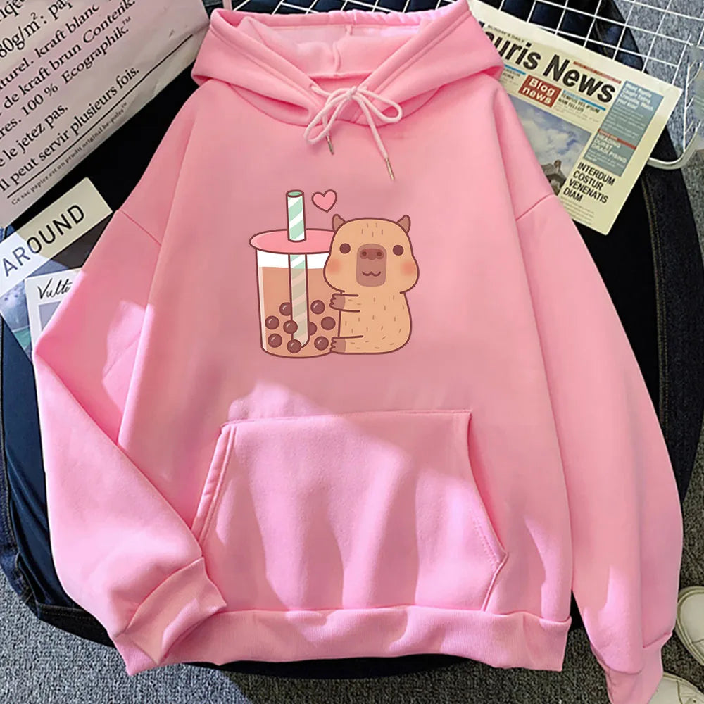 Capybara Hugging Drinking Bubble Tea Unisex Hoodie Kawaiies
