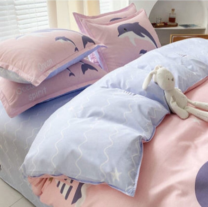 kawaiies-softtoys-plushies-kawaii-plush-Cartoon Dolphin Pink Ube 120gsm Polyester Bedding Set Bedding Sets 