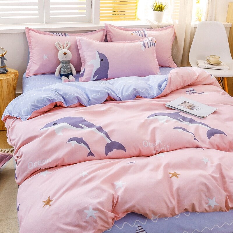 kawaiies-softtoys-plushies-kawaii-plush-Cartoon Dolphin Pink Ube 120gsm Polyester Bedding Set Bedding Sets 