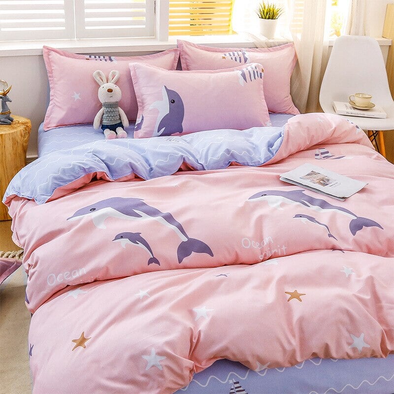 kawaiies-softtoys-plushies-kawaii-plush-Cartoon Dolphin Pink Ube 120gsm Polyester Bedding Set Bedding Sets Single 