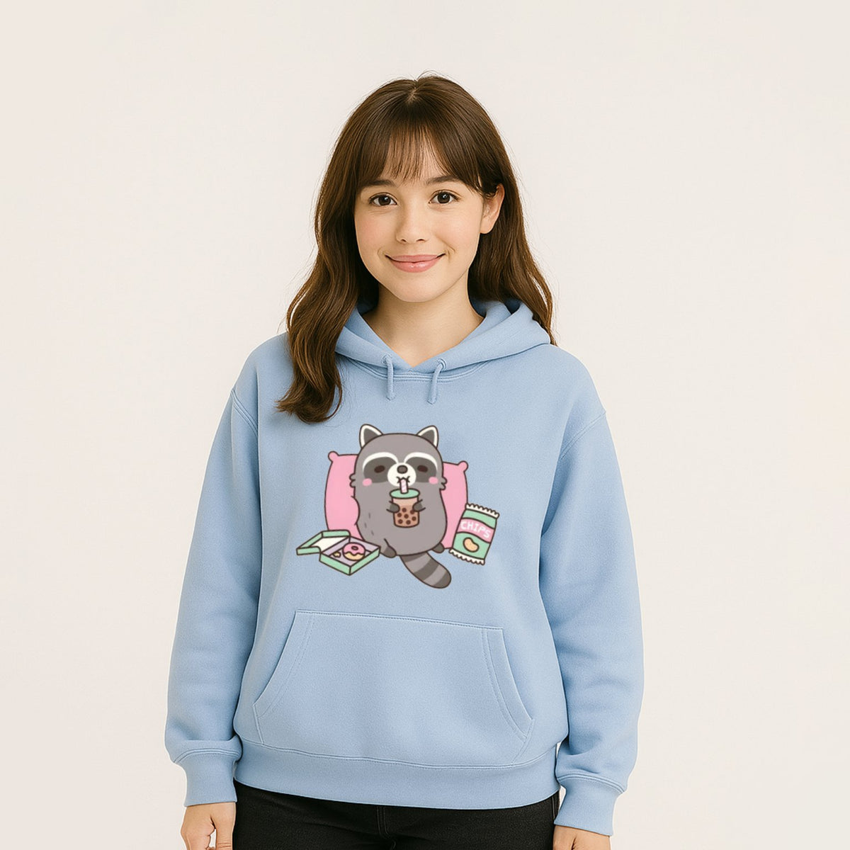 kawaiies-softtoys-plushies-kawaii-plush-Cartoon Raccoon Bubble Tea Unisex Hoodie Apparel Sky Blue XS 