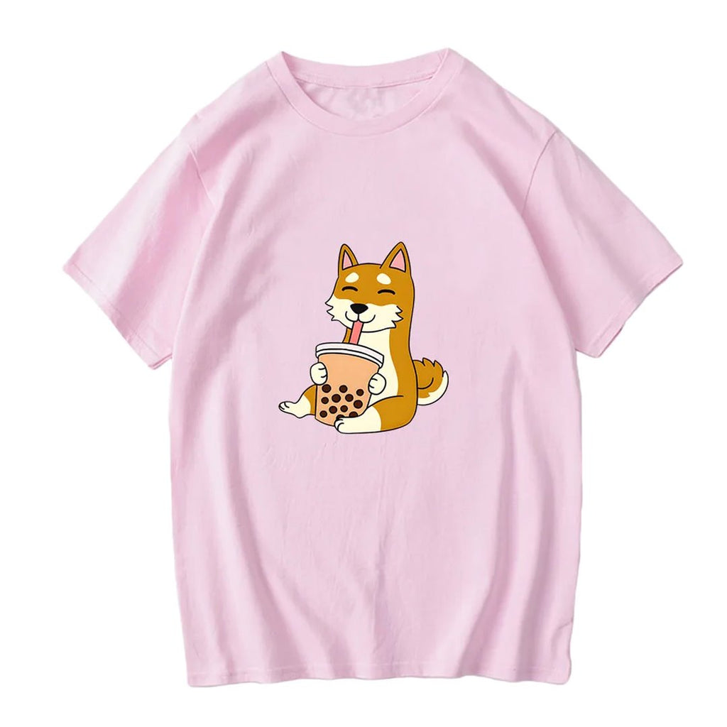 kawaiies-softtoys-plushies-kawaii-plush-Cartoon Shiba Inu drinking Bubble Tea Women's Part Cotton Tee Tops 