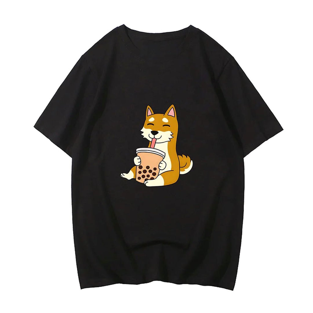 kawaiies-softtoys-plushies-kawaii-plush-Cartoon Shiba Inu drinking Bubble Tea Women's Part Cotton Tee Tops 