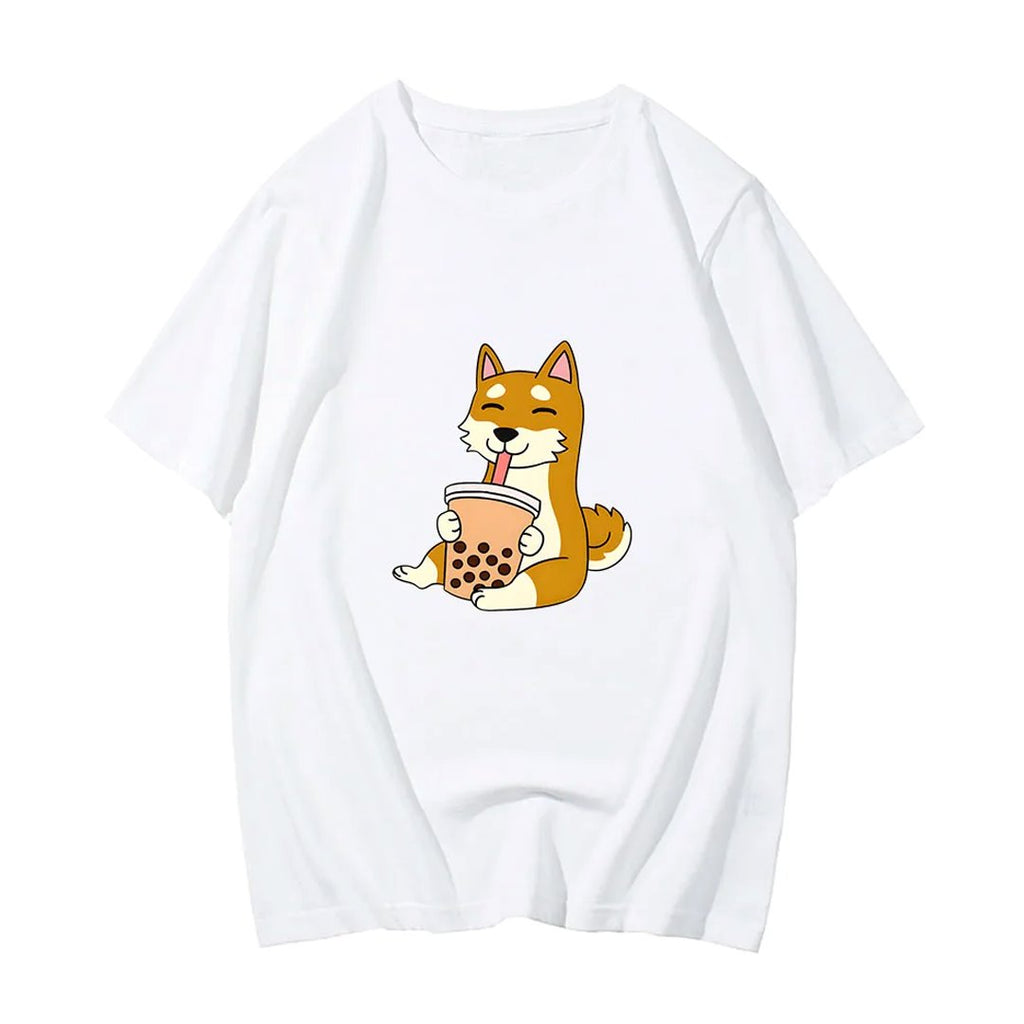 kawaiies-softtoys-plushies-kawaii-plush-Cartoon Shiba Inu drinking Bubble Tea Women's Part Cotton Tee Tops 