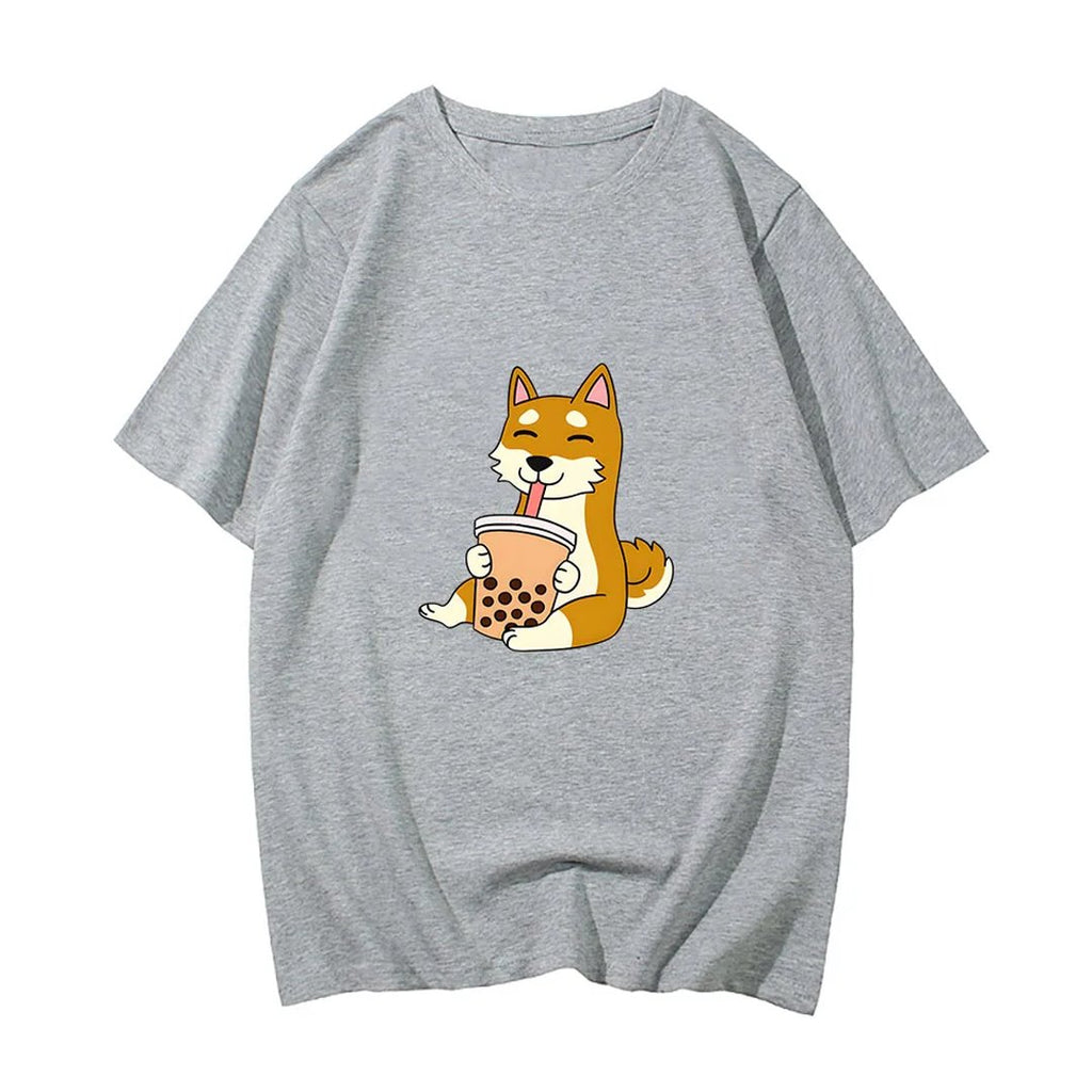 kawaiies-softtoys-plushies-kawaii-plush-Cartoon Shiba Inu drinking Bubble Tea Women's Part Cotton Tee Tops Gray S 