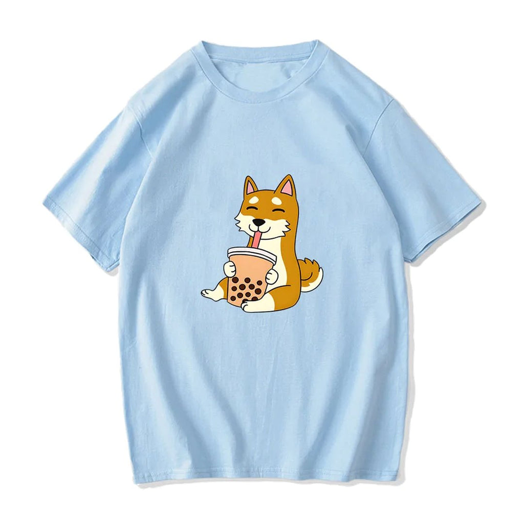 kawaiies-softtoys-plushies-kawaii-plush-Cartoon Shiba Inu drinking Bubble Tea Women's Part Cotton Tee Tops Light Blue S 